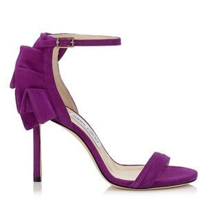 Jimmy Choo Kerry 100 Ruffled Ankle Suede Heels in Purple